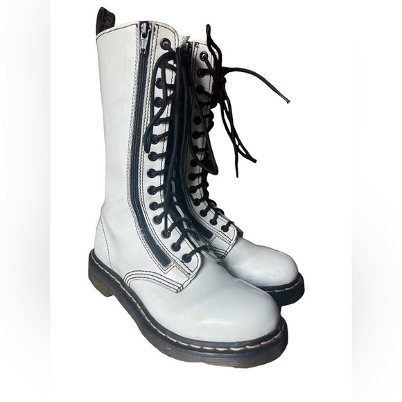 White Dc Martens DOCS lace up tall combat boots double zipper 14 hole mid calf 7 - Picture 3 of 16